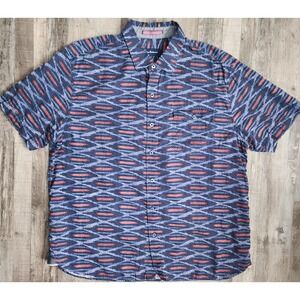 Tommy Bahama Mens Shirt XL BLue Red Button Up Short Sleeve Tencel Cotton Beach